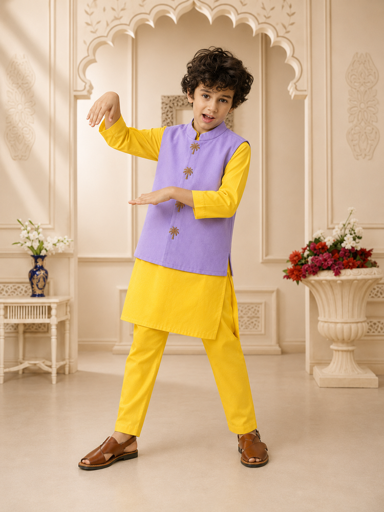 Yellow palm-motif waistcoat set with lilac waistcoat by Anaario