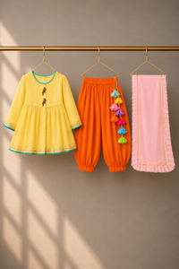 Girl wearing Anaario Yellow Parrot Patiala Salwar Set