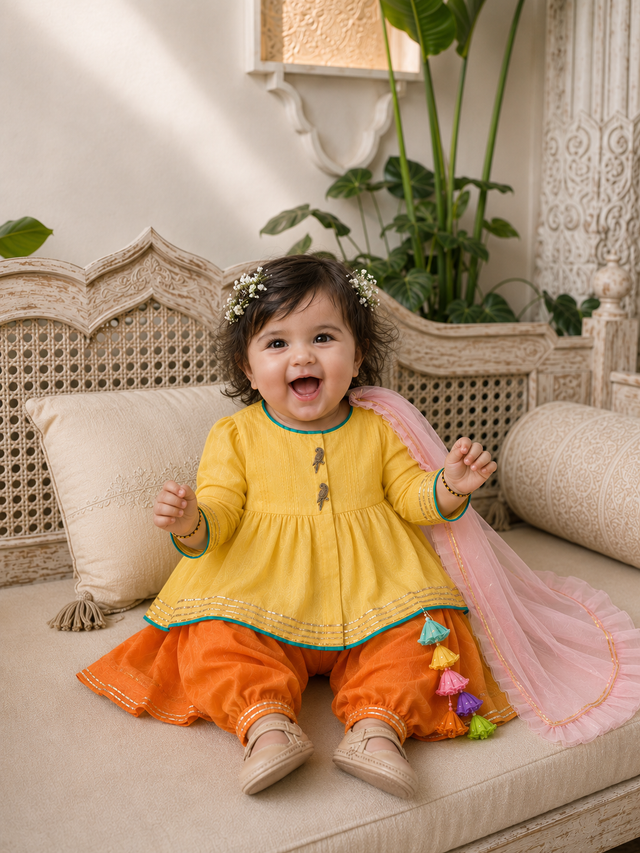 Yellow peplum kurta with parrot buttons, orange salwar pants and pink dupatta for baby girl
