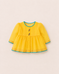 Anaario Yellow Parrot Patiala Salwar Set, yellow kurta flat lay with parrot button closures