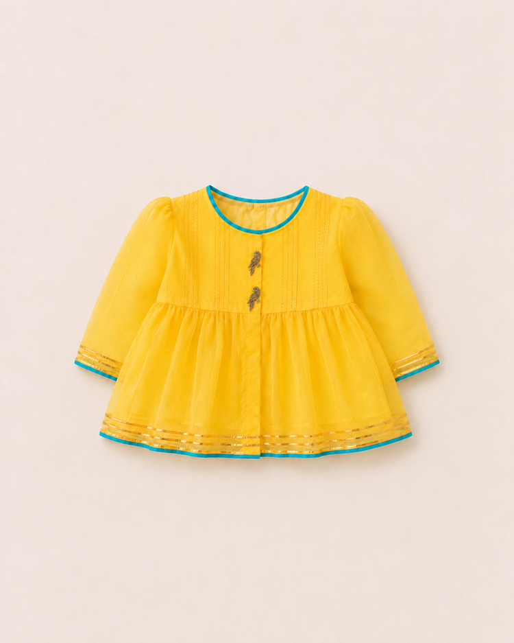 Anaario Yellow Parrot Patiala Salwar Set, yellow kurta flat lay with parrot button closures
