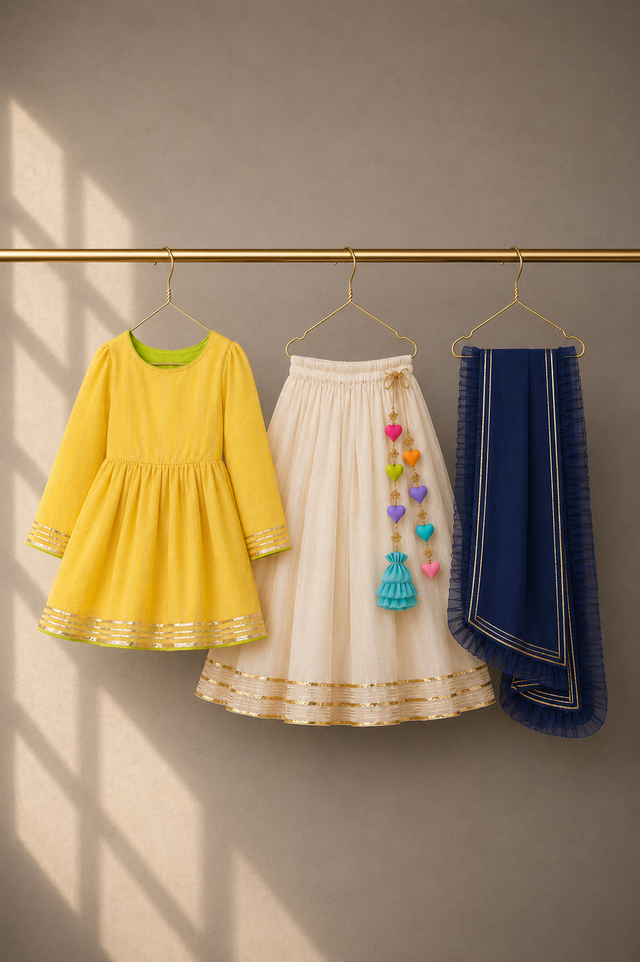Girl wearing Anaario Yellow Peplum Lehenga Set