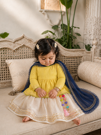 Yellow green peplum kurta with cream gold flared skirt and navy dupatta with heart tassels for baby girl