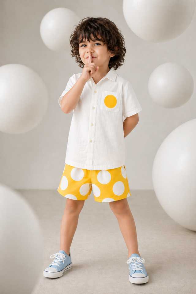 Boy wearing Anaario Yellow Pop Pocket Shirt Set