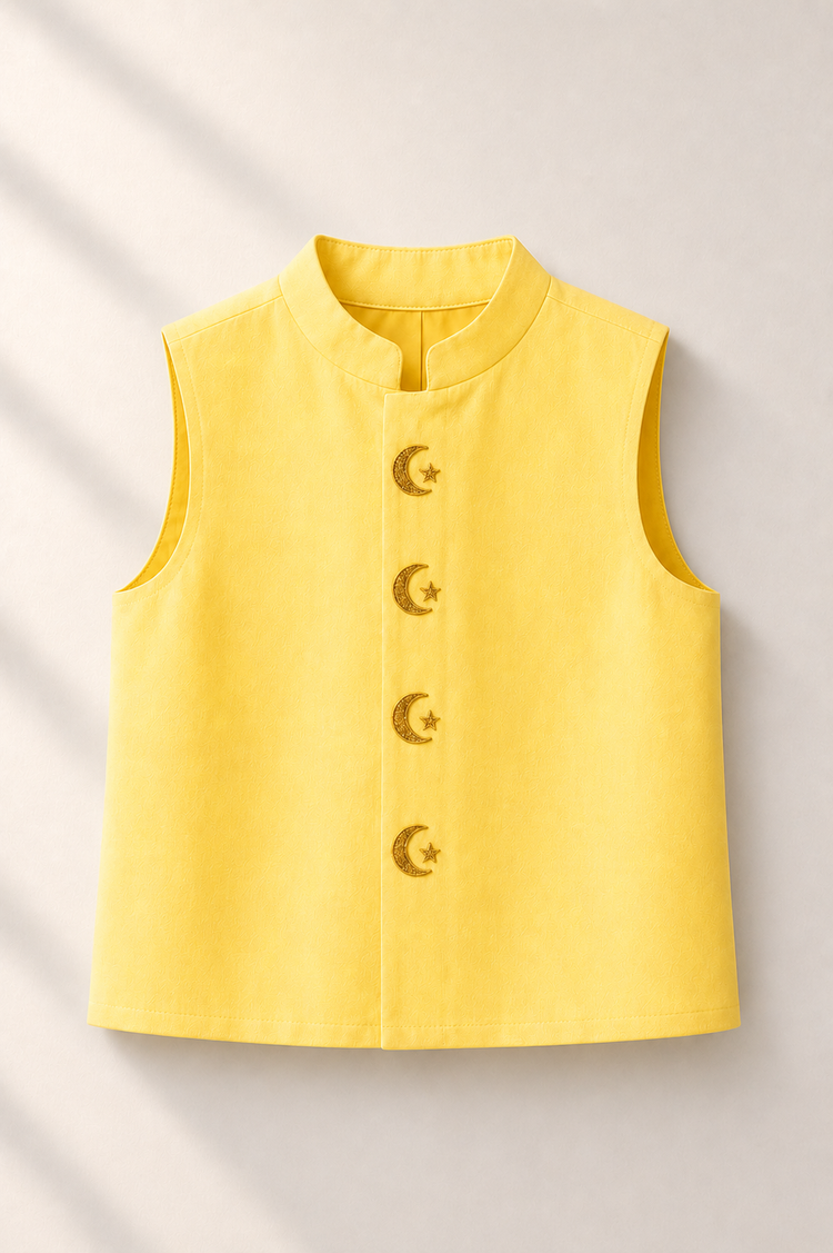 Yellow Waistcoat with Moon-Star embroidered buttons - flat lay