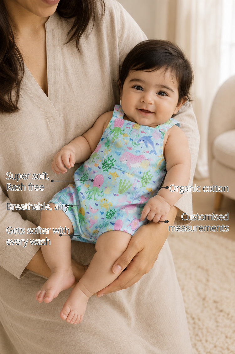 Sea Friends Pinafore Baby Romper features