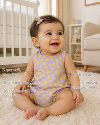 Lavender Yellow Polka Dot Button Baby Romper features