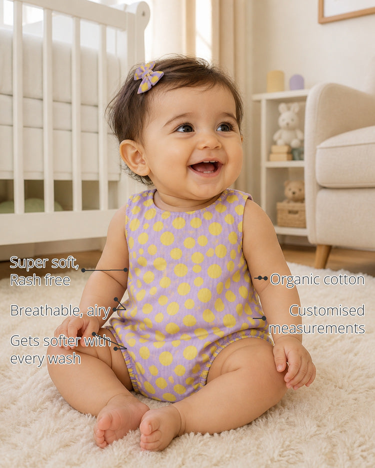 Lavender Yellow Polka Dot Button Baby Romper features