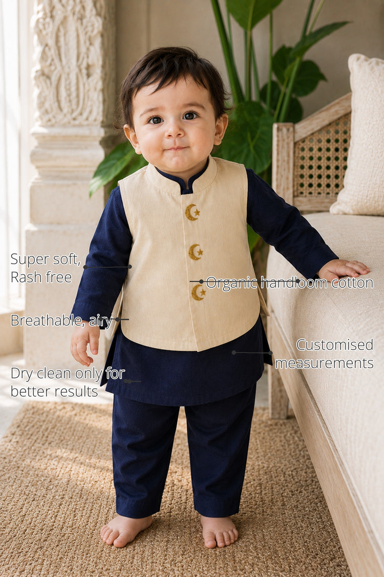 Navy Moon-Star Motif Baby Waistcoat Kurta Set features