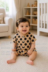 Beige Black Polka Dot Button Baby Romper features