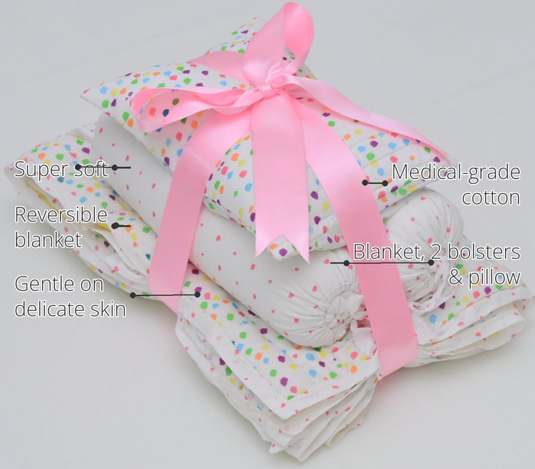 Snuggles and Cuddles Baby Blanket Gift Bundle (Multicoloured polka dots) features