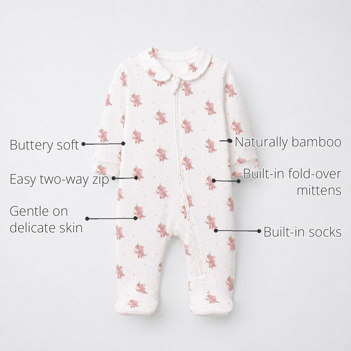 Pink Dino Bamboo Baby Sleepsuit – Zip Romper Onesie features