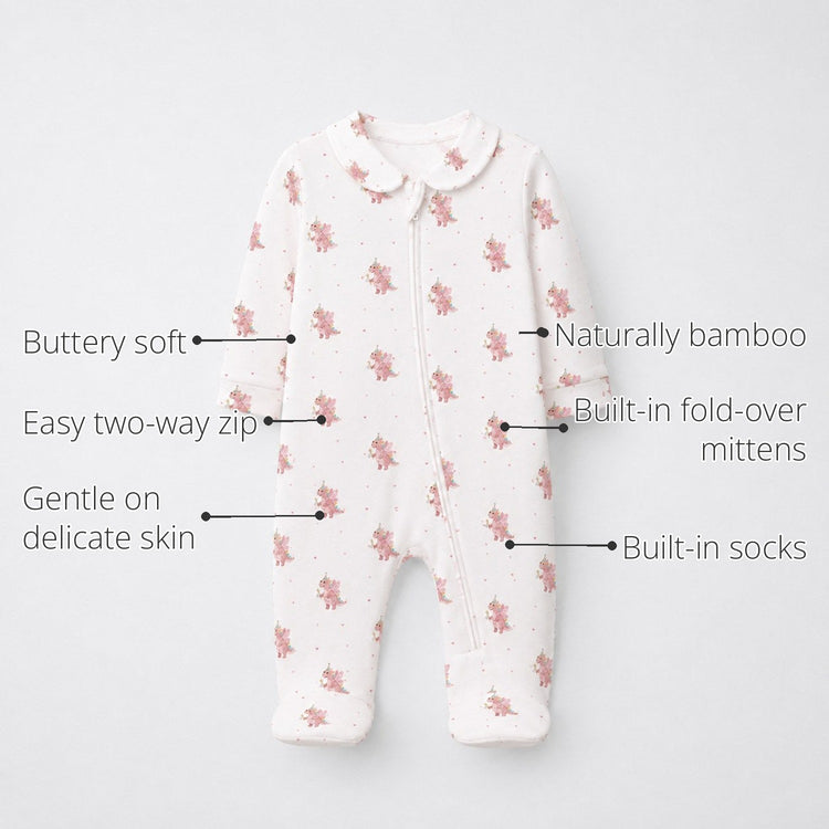 Pink Dino Bamboo Baby Sleepsuit – Zip Romper Onesie features