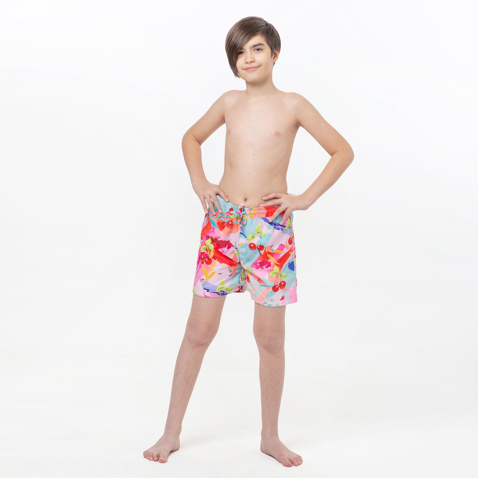 Multicolored Splashes and Cherries, Red Stripes Reversible Flipout Shorts