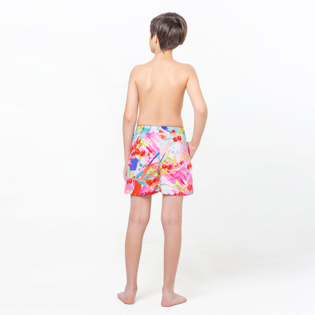 Multicolored Splashes and Cherries, Red Stripes Reversible Flipout Shorts