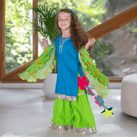 Marigold Sharara Set with Printed Dupatta - Blue green lime green coneflower