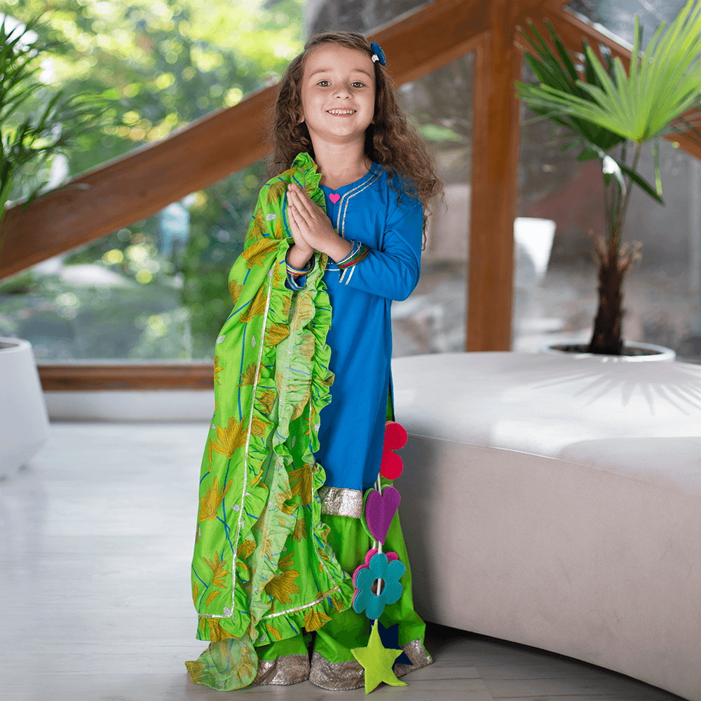 Marigold Sharara Set with Printed Dupatta - Blue green lime green coneflower