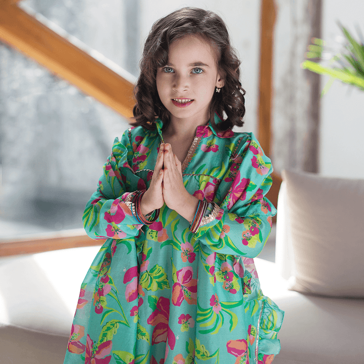 Raat Ki Rani Collared Anarkali - Turquoise neon and pink hibiscus