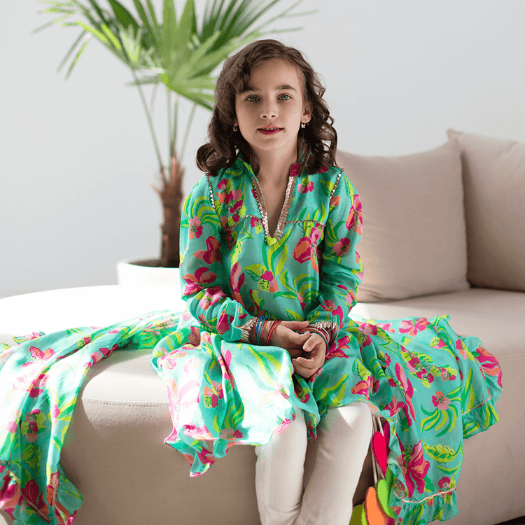 Raat Ki Rani Collared Anarkali - Turquoise neon and pink hibiscus