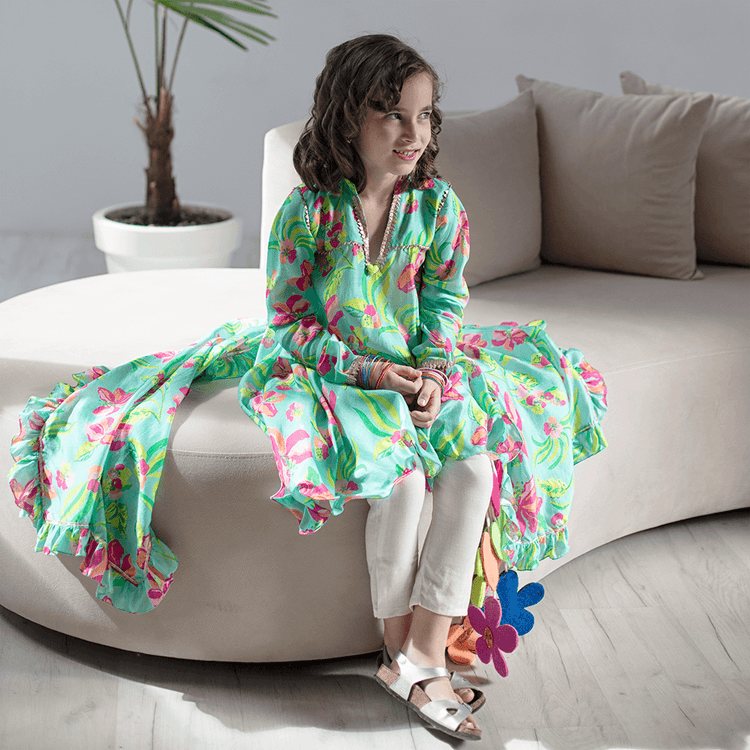Raat Ki Rani Collared Anarkali - Turquoise neon and pink hibiscus