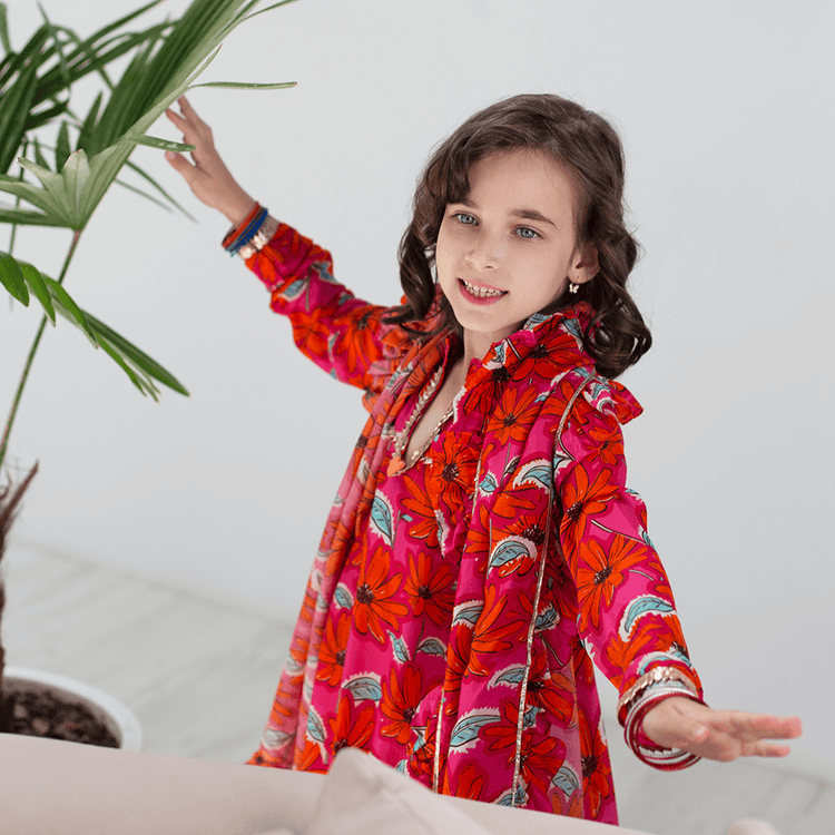 Raat Ki Rani Collared Anarkali - Pink and orange camellia