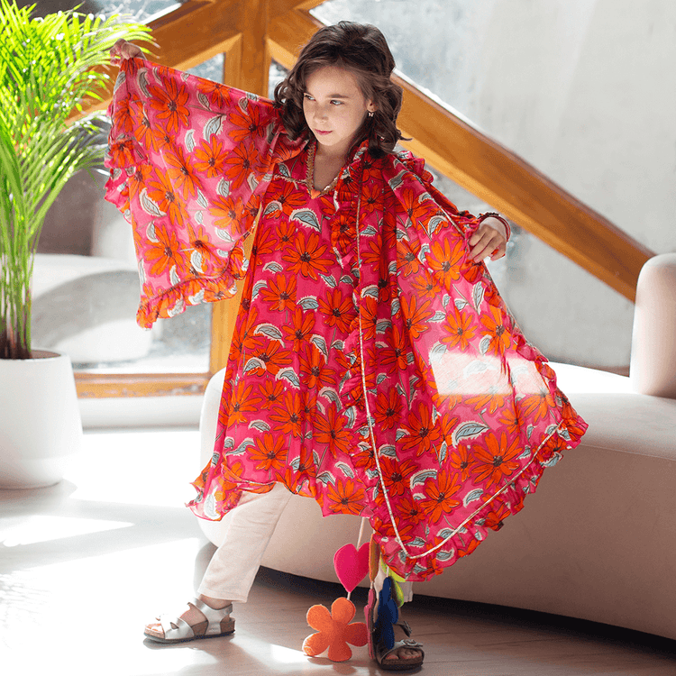 Raat Ki Rani Collared Anarkali - Pink and orange camellia