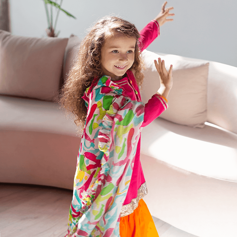 Marigold Sharara Set with Printed Dupatta - Pink orange multi coloured splashes