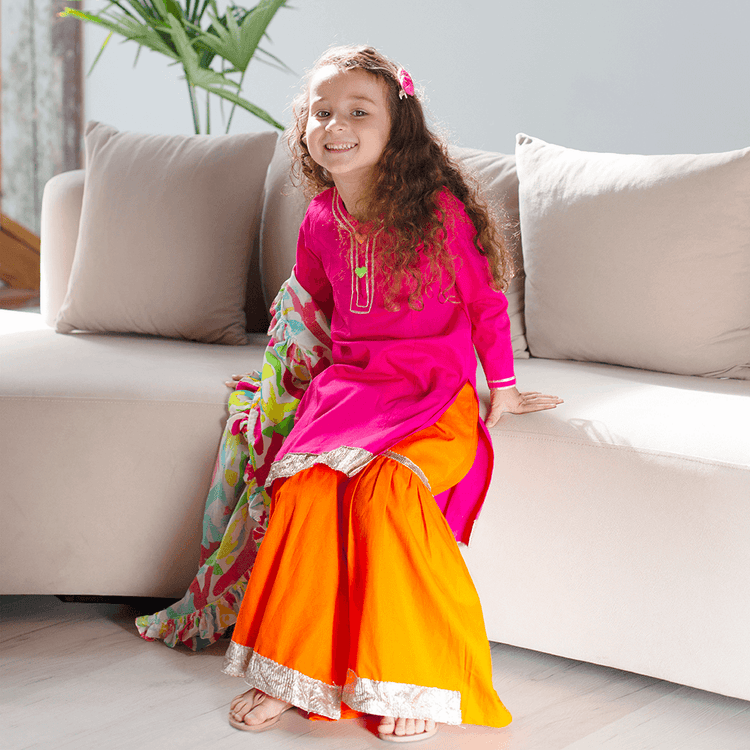 Marigold Sharara Set with Printed Dupatta - Pink orange multi coloured splashes