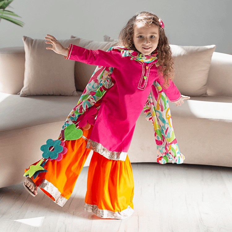 Marigold Sharara Set with Printed Dupatta - Pink orange multi coloured splashes