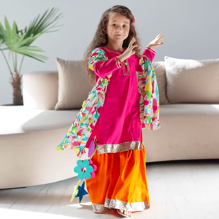 Marigold Sharara Set with Printed Dupatta - Pink orange multi coloured splashes