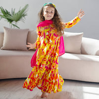 Chaandani Tiered Anarkali with Plain Dupatta - Yellow orange splashes with pink (Copy)