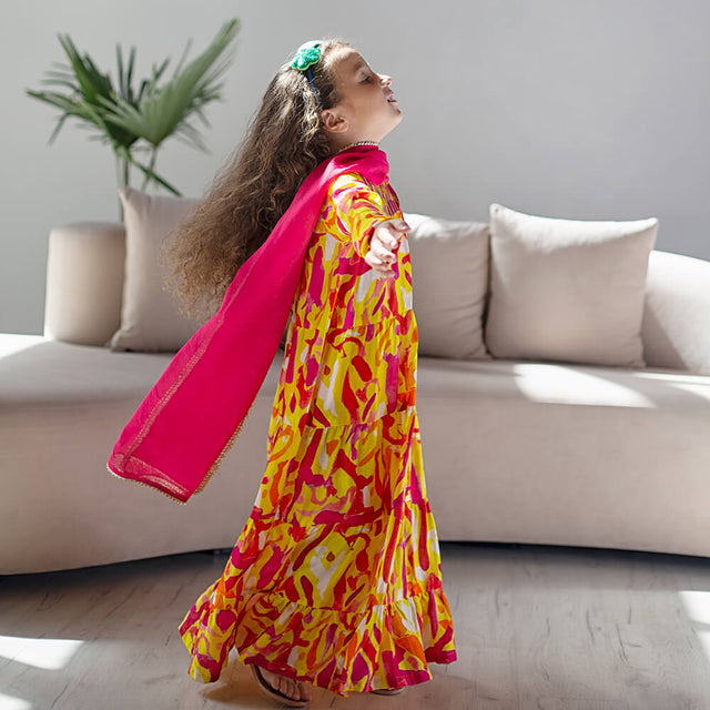 Chaandani Tiered Anarkali with Plain Dupatta - Yellow orange splashes with pink (Copy)