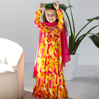Chaandani Tiered Anarkali with Plain Dupatta - Yellow orange splashes with pink (Copy)