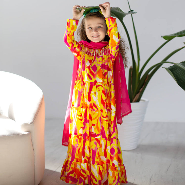 Chaandani Tiered Anarkali with Plain Dupatta - Yellow orange splashes with pink (Copy)