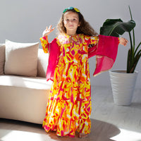 Chaandani Tiered Anarkali with Plain Dupatta - Yellow orange splashes with pink (Copy)