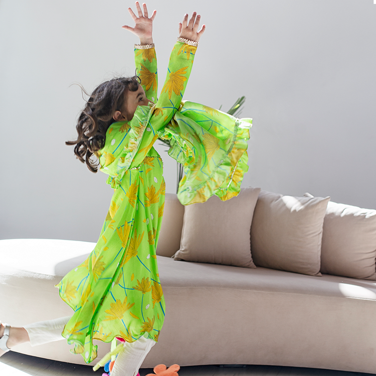 Raat Ki Rani Collared Anarkali - Lime green coneflower