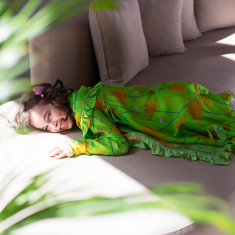 Raat Ki Rani Collared Anarkali - Lime green coneflower