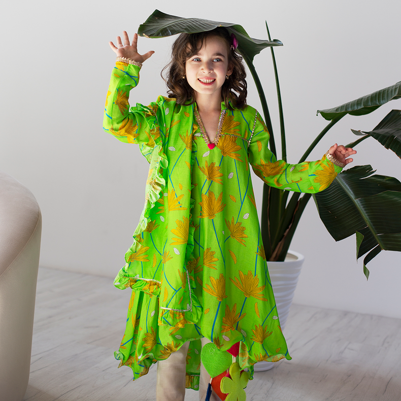 Raat Ki Rani Collared Anarkali - Lime green coneflower