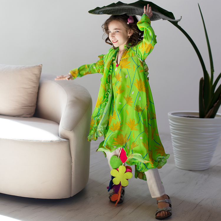 Raat Ki Rani Collared Anarkali - Lime green coneflower