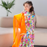 Chaandani Tiered Anarkali with Plain Dupatta - White and multi-coloured orchid with orange