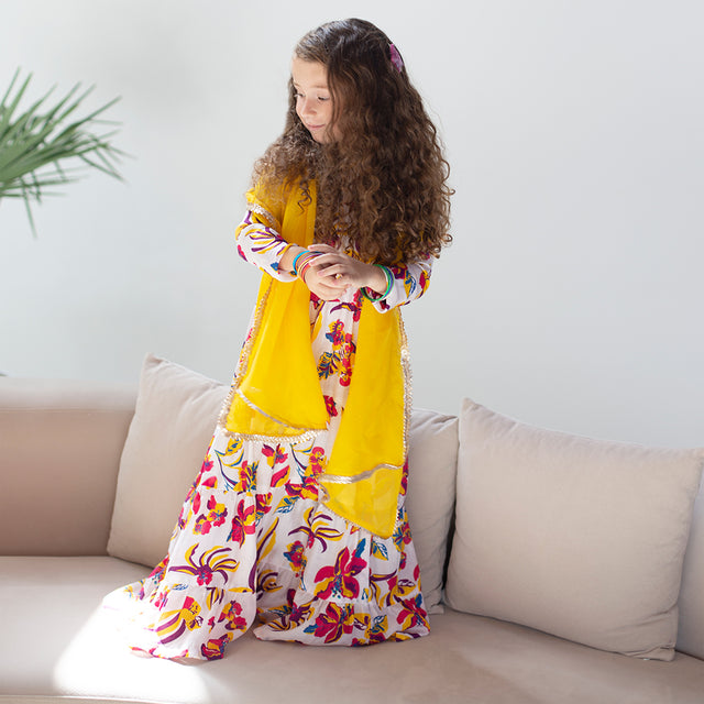 Chaandani Tiered Anarkali with Plain Dupatta - White and multi-coloured morning glory with yellow