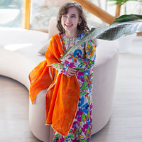 Chaandani Tiered Anarkali with Plain Dupatta - White and multi-coloured orchid with orange