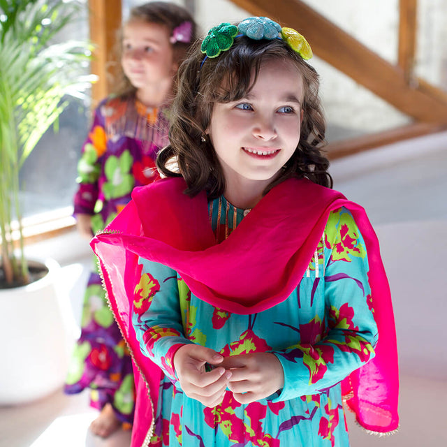 Chaandani Tiered Anarkali with Plain Dupatta - Turquoise and pink petunia with pink