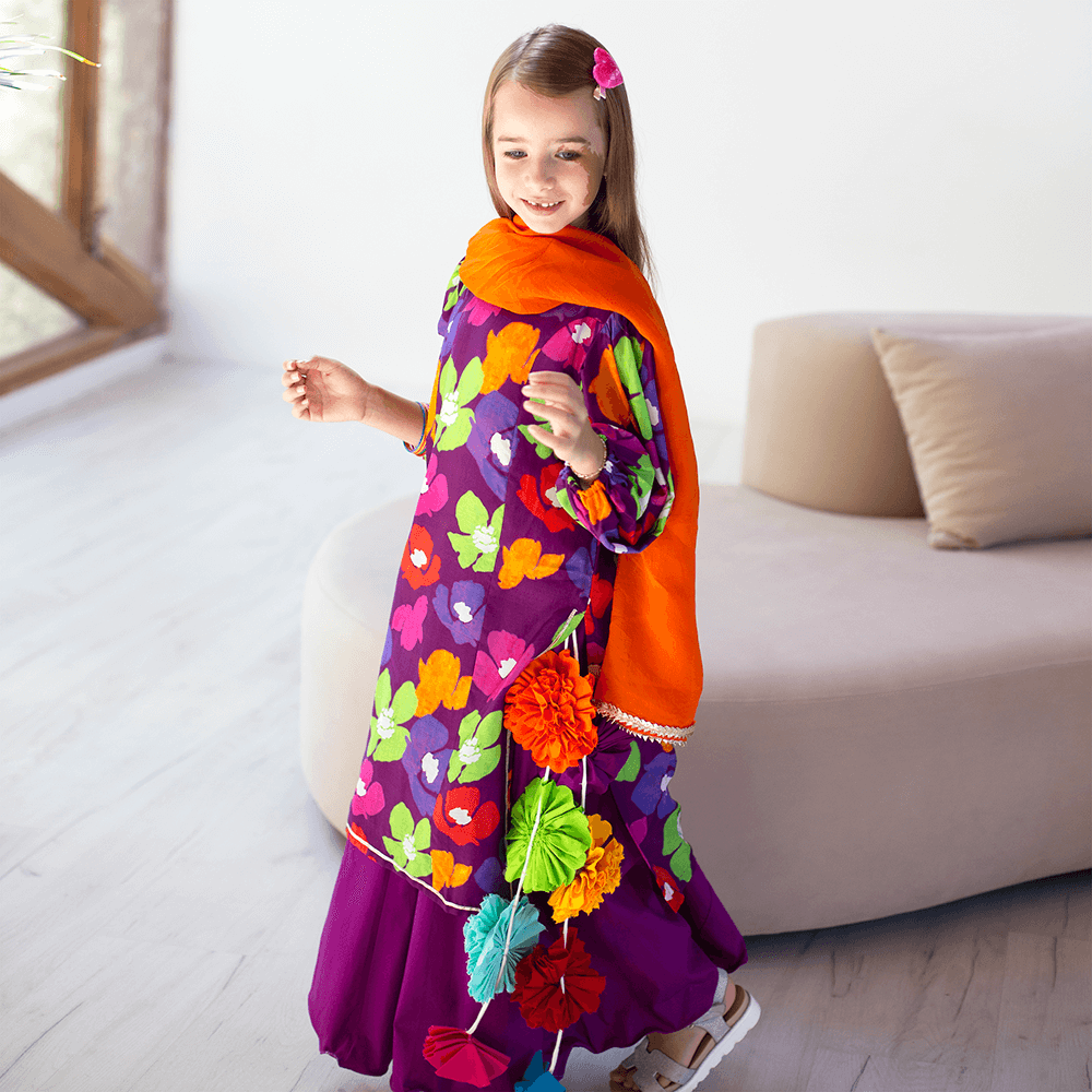 Gulaabo Lehenga with Puffy Sleeves - Purple peony with orange