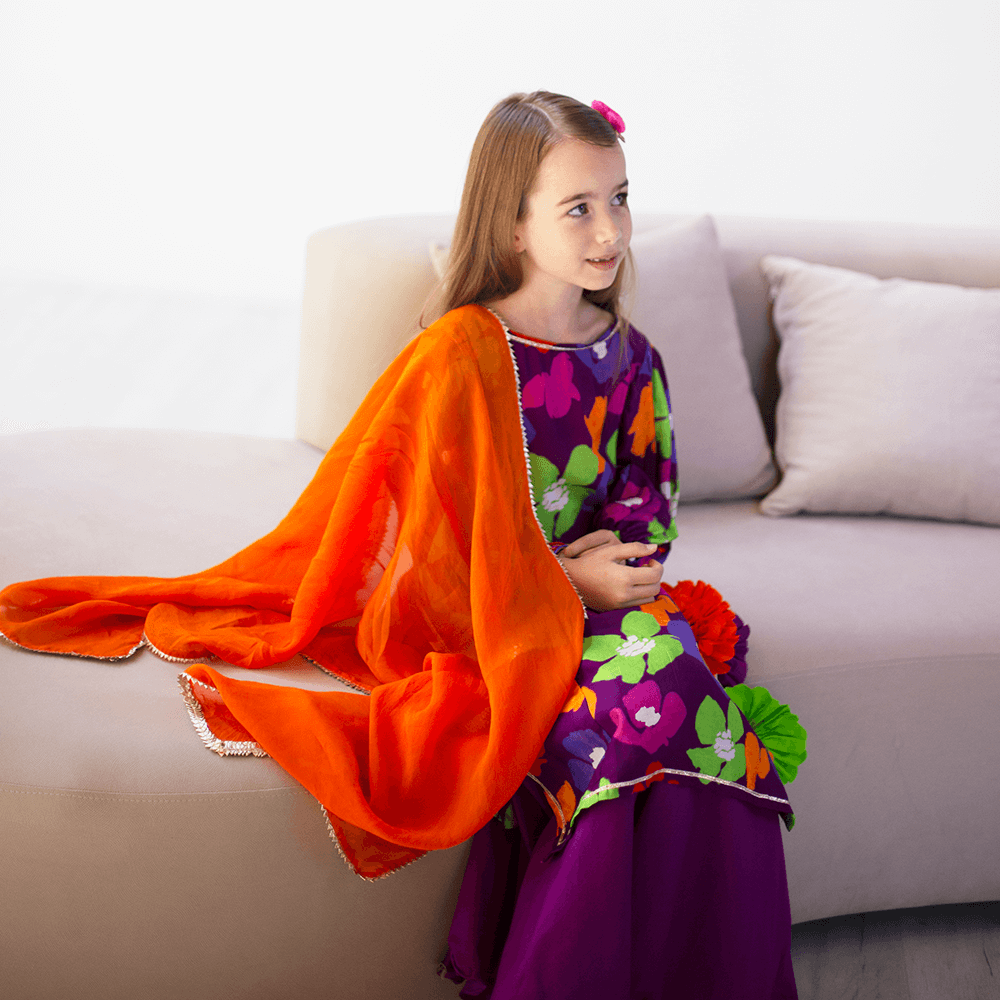 Gulaabo Lehenga with Puffy Sleeves - Purple peony with orange