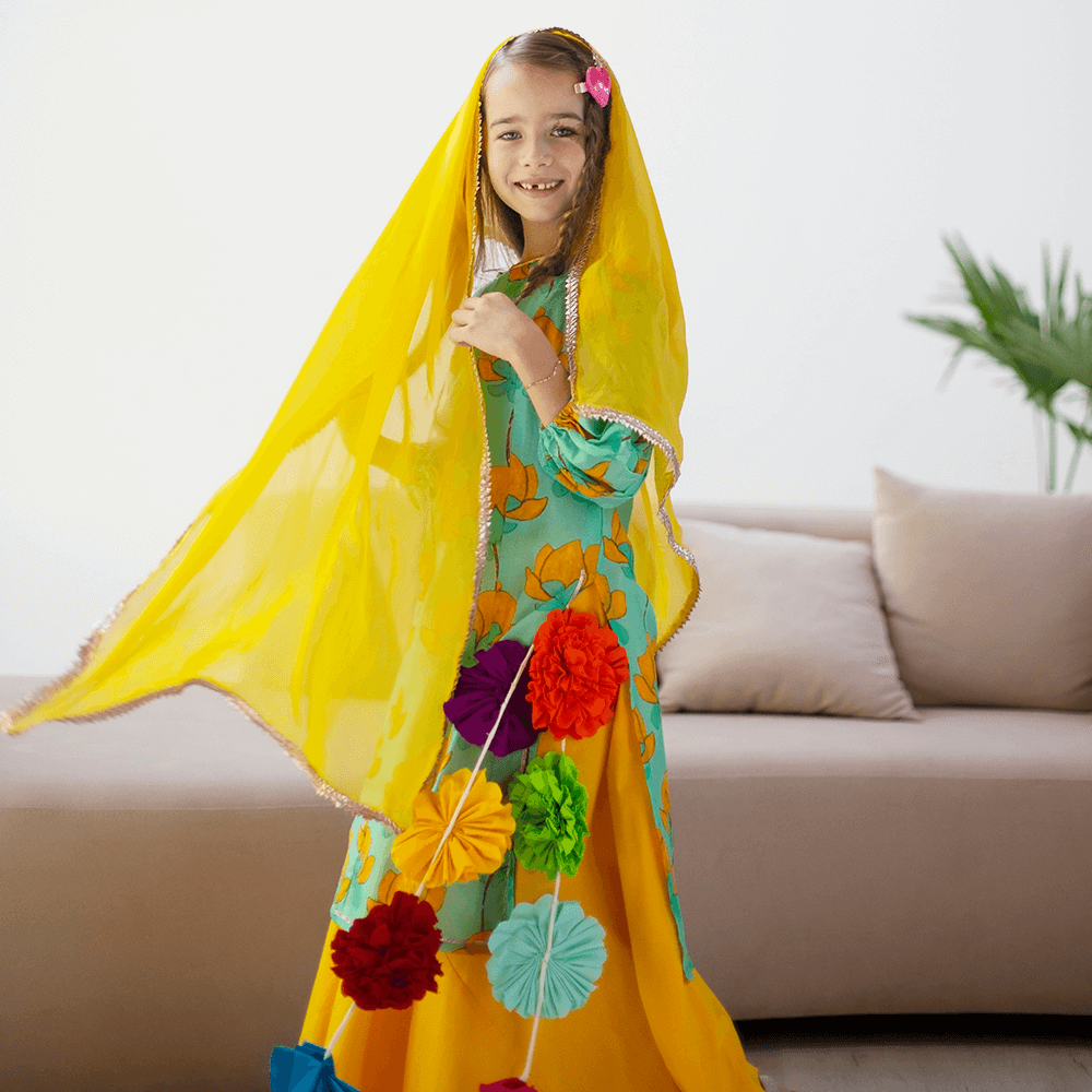 Gulaabo Lehenga with Puffy Sleeves - Turquoise and mustard lotus with yellow