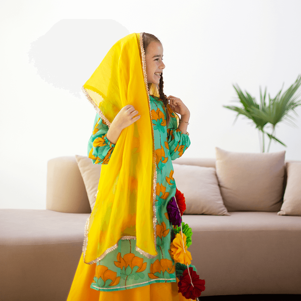 Gulaabo Lehenga with Puffy Sleeves - Turquoise and mustard lotus with yellow