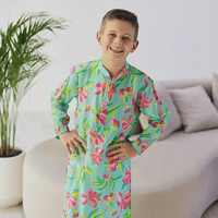 Imperial Kurta and Pajama Set - Turquoise neon and pink hibiscus