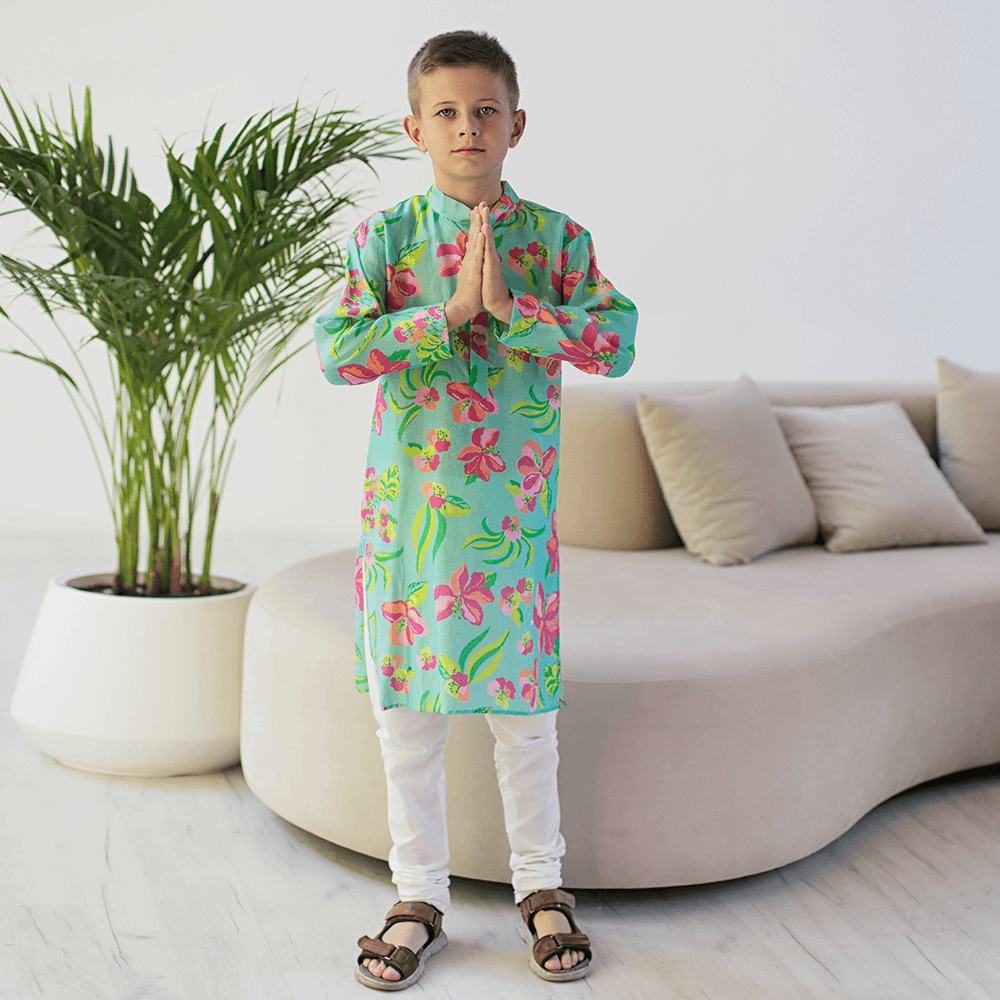 Imperial Kurta and Pajama Set - Turquoise neon and pink hibiscus