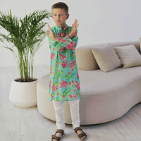 Imperial Kurta and Pajama Set - Turquoise neon and pink hibiscus